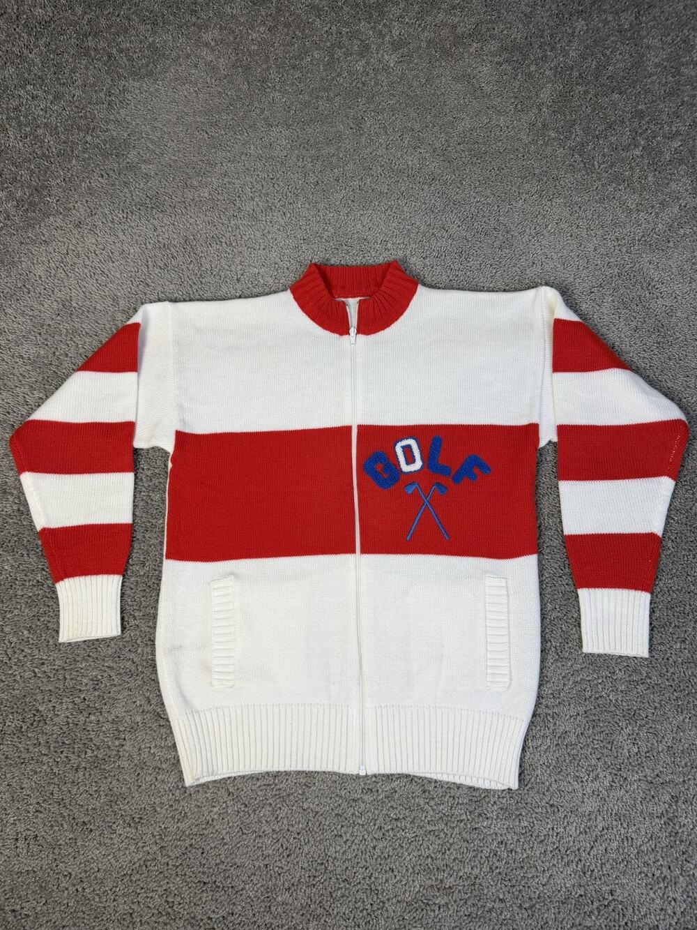 Vintage Golf Sweater Mens M White Full Zip Mock Neck Striped Acrylic Pockets